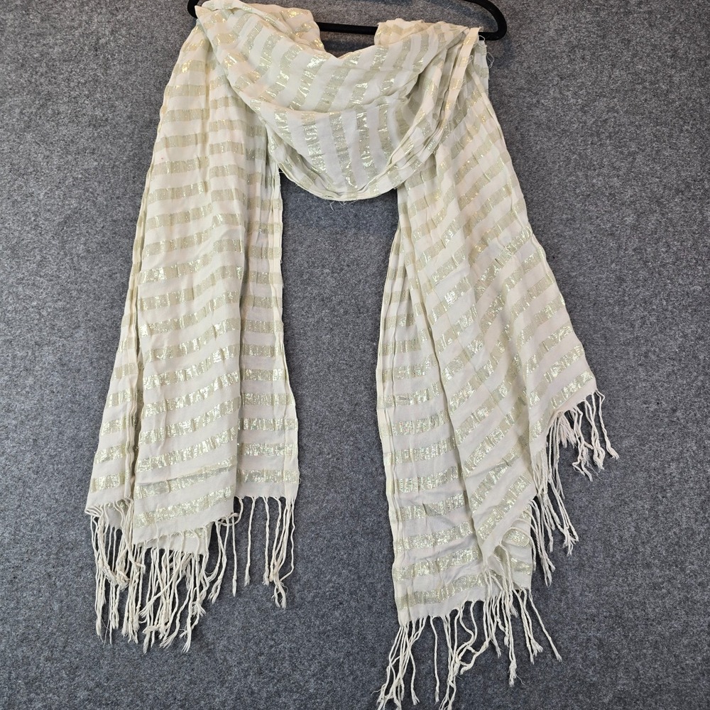 Scarf Stole Wrap Women's Ivory Gold Metallic Shimmer Stripe Fringe Ends